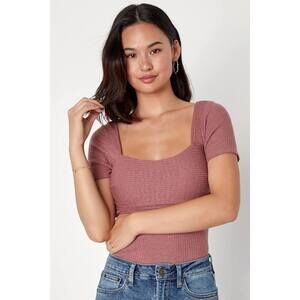 Lulus Quintessential Muse Mauve Ribbed Short Sleeve Top Pink - Size XL